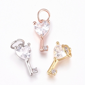 Brass Charms, with Micro Pave Cubic Zirconia and Jump Rings, Key