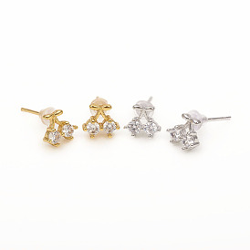 Brass Stud Earrings, with Clear Cubic Zirconia and Ear Nuts, Cherry