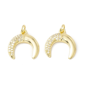 Rack Plating Brass Micro Pave Cubic Zirconia Pendants, Real 18K Gold Plated, Long-Lasting Plated, Double Horn/Crescent Moon