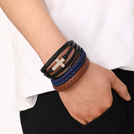 3шт. плетеные браслеты из искусственной кожи, многослойные браслеты для мужчин, крестик, Сплав с застежкой