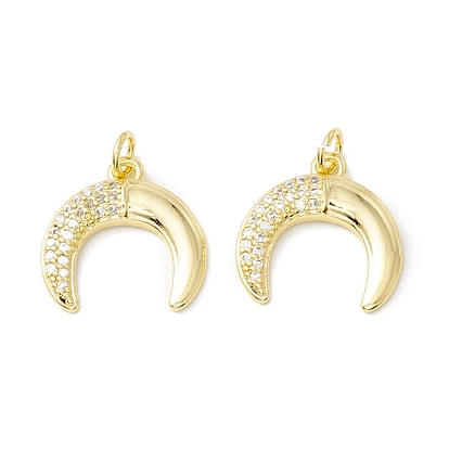 Rack Plating Brass Micro Pave Cubic Zirconia Pendants, Real 18K Gold Plated, Long-Lasting Plated, Double Horn/Crescent Moon