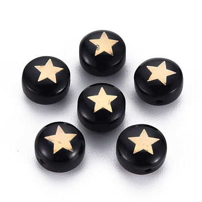 Handmade Lampwork Beads, with Golden Plated Brass Etched Metal Embellishments, Flat Round with Star