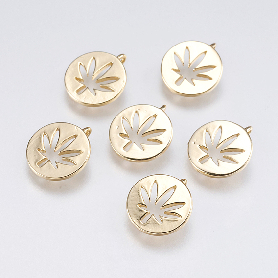 Осенняя тема латунные подвески, плоско-круглые с кленовым листом, реальный 18 k позолоченный
