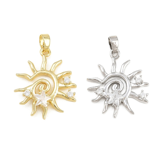 Brass Micro Pave Clear Cubic Zirconia Pendants, Sun with Star Charms