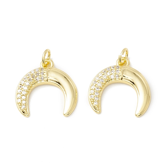 Rack Plating Brass Micro Pave Cubic Zirconia Pendants, Real 18K Gold Plated, Long-Lasting Plated, Double Horn/Crescent Moon