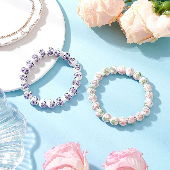 2Pcs 2 Colors Handmade Flower Printed Porcelain Ceramic Round Beads Stretch Bracelets for Women