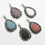 Platinum Alloy Natural Lava Rock Pendants, Dyed, with Black Enamel, Drop, 48x34x9mm, Hole: 6x4mm