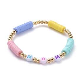 Cadeaux du jour de mère, bracelets élastiques, avec des perles heishi en pâte polymère, perles acryliques initiales et perles en laiton plaqué or, mot maman