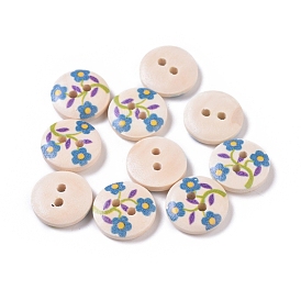 Painted 2-hole Sewing Button with Lovely Broken Flowers, Wooden Buttons