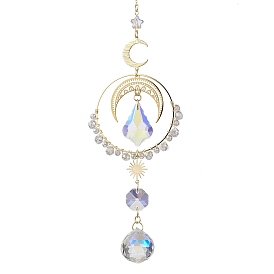 Moon Brass & 304 Stainless Steel Pendant Decorations, Hanging Suncatchers, with Glass Pendants