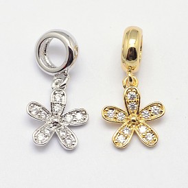 Flower Brass Micro Pave Grade AAA Cubic Zirconia European Dangle Charms, Cadmium Free & Nickel Free & Lead Free, 20mm, Hole: 4.5mm
