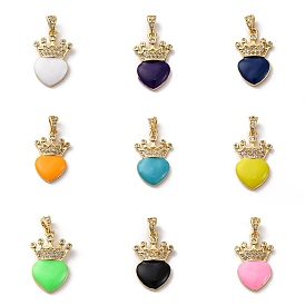 Brass Cubic Zirconia Pendants, with Enamel & Snap on Bail, Real 18K Gold Plated, Long-Lasting Plated, Lead Free & Cadmium Free, Heart & Crown