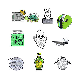 Whimsical Cat, Adorable Turtle and Rabbit, Knitted Brain, Terrifying Ghost and Passionate Love Pin Set