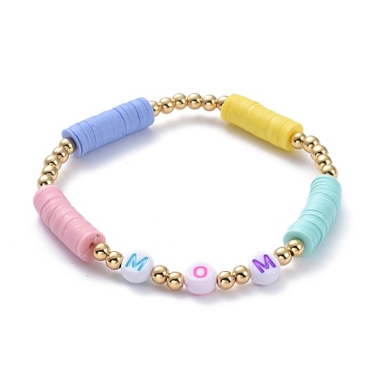 Cadeaux du jour de mère, bracelets élastiques, avec des perles heishi en pâte polymère, perles acryliques initiales et perles en laiton plaqué or, mot maman