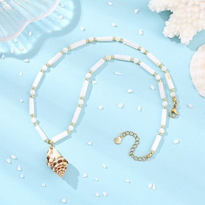 Colgante de concha espiral natural, columna de concha de agua dulce natural y collares de perlas de concha redonda., blanco
