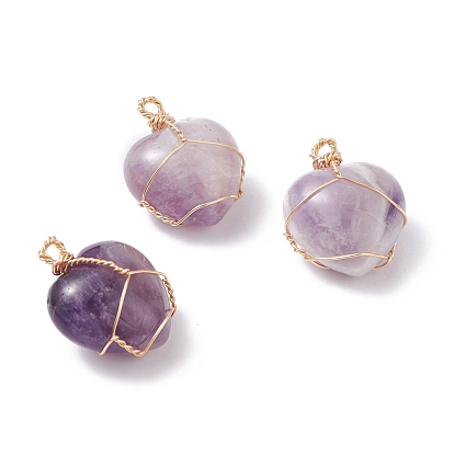 Pendentifs en pierre naturelle, avec du vrai fil de cuivre écologique plaqué or 18k, cœur