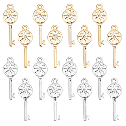 16Pcs 2 Colors Brass Micro Pave Cubic Zirconia Pendants, Key, Nickel Free