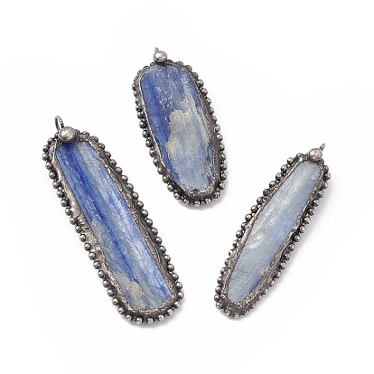 Natural Kyanite/Cyanite/Disthene Quartz Pendants, Oval Charms, with Antique Silver Tone Brass and Tin Findings