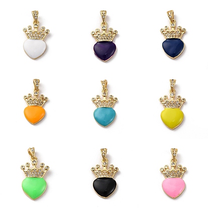 Brass Cubic Zirconia Pendants, with Enamel & Snap on Bail, Real 18K Gold Plated, Long-Lasting Plated, Lead Free & Cadmium Free, Heart & Crown