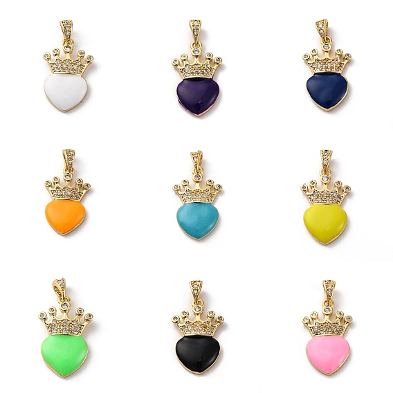 Brass Cubic Zirconia Pendants, with Enamel & Snap on Bail, Real 18K Gold Plated, Long-Lasting Plated, Lead Free & Cadmium Free, Heart & Crown