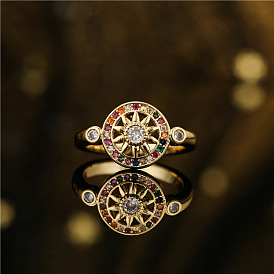 Retro Geometric Ring for Women in 18K Gold Plating and Micro Inlay, Adjustable Finger Band with Sun Design