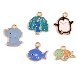 Animal Series Alloy Enamel Pendants, Golden, Elephant/Peacock/Penguin/Shark/Tortoise Charm