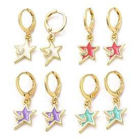 Star & Moon Real 18K Gold Plated Brass Dangle Leverback Earrings, with Enamel and Cubic Zirconia