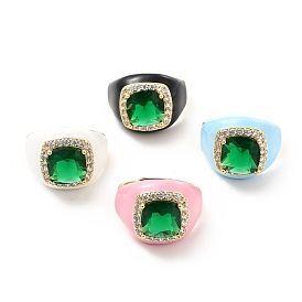 Rack Plating Brass Micro Pave Green & Crystal Cubic Zirconia Adjustable Rings, with Enamel, Cadmium Free & Lead Free, Long-Lasting Plated, Real 18K Gold Plated