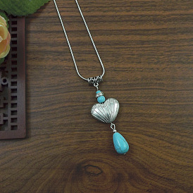 Exotic Ethnic Style Miao Silver & Synthetic Turquoise Drop Pendant Necklaces, Antique Silver