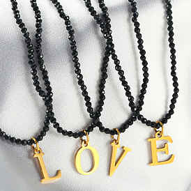 304 Stainless Steel Initial Pendant Black Glass Faceted Round Beaded Pendant Necklaces for Women, Golden