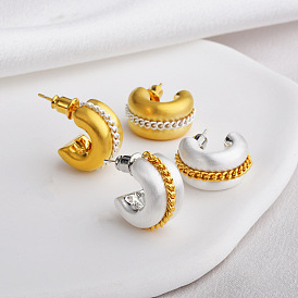 Brass C-Shaped with Chain Charm Stud Earrings