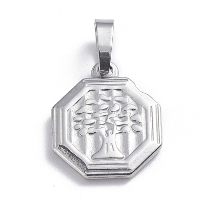 201 Stainless Steel Pendants, Octagon with Tree