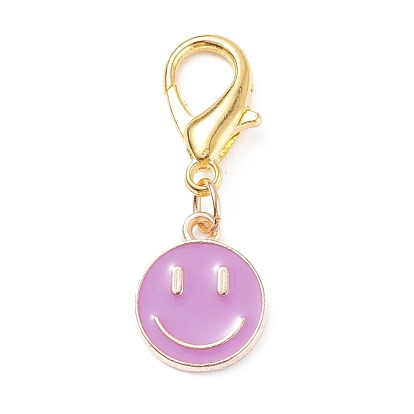Alloy Enamel Pendants Decoration, with Zinc Alloy Lobster Claw Clasps, Flat Round with Smiling Face