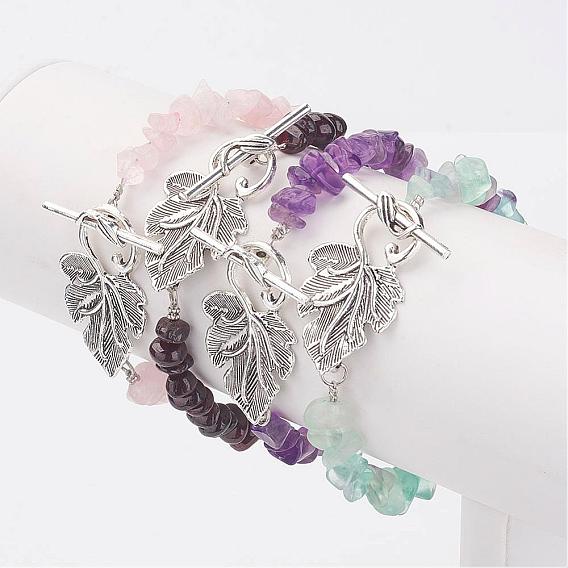 Gemstone Chip Bracelets, with Tibetan Style Alloy Leaf Toggle Clasps