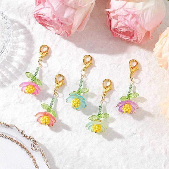 Наборы украшений в виде подвесок в виде цветов из стеклянных бусин и акриловых камней ручной работы, с поворотными карабинами из сплава, подвесные украшения