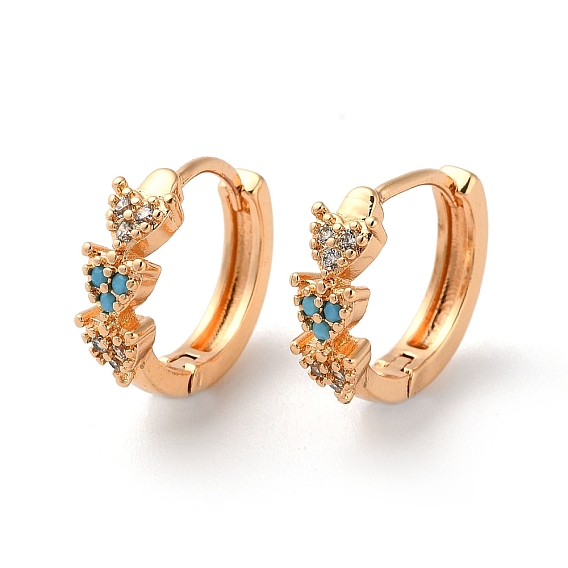 Brass Hoop Earrings with Rhinestone, Triple Heart