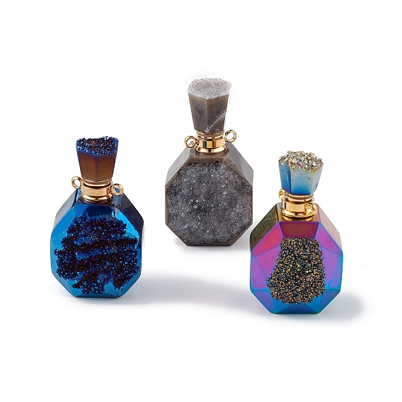 Electroplated Natural Druzy Agate Openable Perfume Bottle Pendants, Faceted Perfume Bottle Charms, with Golden Tone Brass Findings