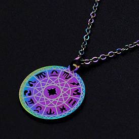 201 Stainless Steel Pendants Necklaces, with Cable Chains and Lobster Claw Clasps, Flat Round with 12 Constellation/Zodiac Sign