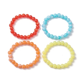 4Pcs 4 Colors Acrylic Imitation Jade Round Beaded Stretch Bracelets Set, Stackable Bracelets
