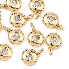SHEGRACE Valentine's Day Brass Clear Cubic Zirconia Charms, Flat Round with Heart Pattern Charms, Cadmium Free & Lead Free & Nickel Free