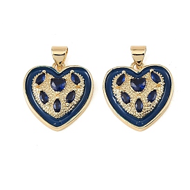 Brass Micro Pave Blue Cubic Zirconia Pendants, with Blue Enamel, Heart Charms