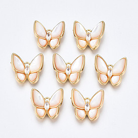 Brass Micro Pave Clear Cubic Zirconia Pendants, with White Sea Shell, Nickel Free, Butterfly