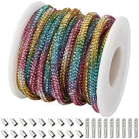 7.1 Yards Glass Rhinestone Synthetic Rubber Round Cord, with Plastic Thread Bobbins, Iron Cord Lock Ends, Brass Cord Ends
