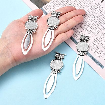 Owl Vintage Tibetan Style Alloy Bookmarks Cabochon Settings, Cadmium Free & Lead Free, Flat Round Tray: 20mm, Fit for 1.5mm Rhinestone, 88x22.5x3mm