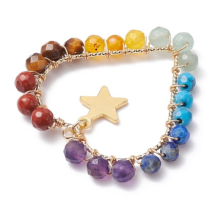 Chakra Gemstone Wried Round Bead Pendants, Heart Charms with Golden Plated Stainless Steel Findings
