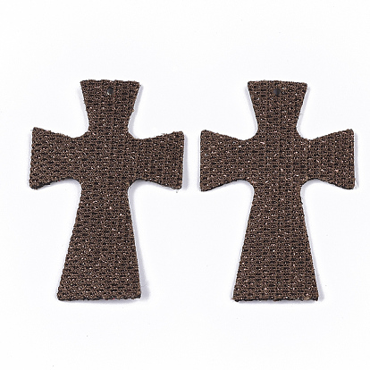 PU Leather Big Pendants, with Glitter Powder/Silver Glitter, Cross