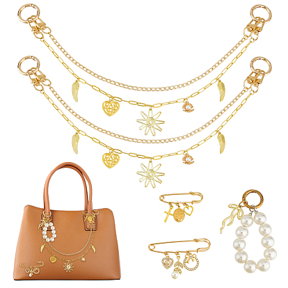 5 шт. 4 стили подвесные украшения в виде бантов из сплава, с подвеской в виде солнечного пера, латунная двухслойная сумка, декоративная цепочка, броши из сплава с английской булавкой