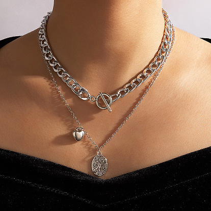 Chunky Metal Heart Pendant Multi-layered Choker Necklace for Women - Punk Style