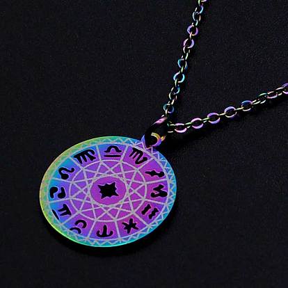 201 Stainless Steel Pendants Necklaces, with Cable Chains and Lobster Claw Clasps, Flat Round with 12 Constellation/Zodiac Sign