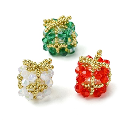 3Pcs 3 Colors Christmas Seed Beads Beaded Charms, Gift Box Pendants